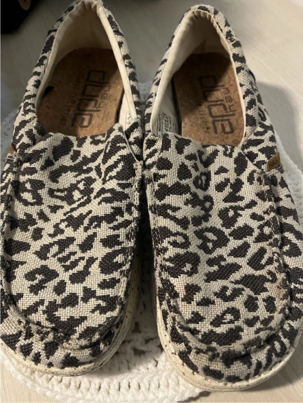Hey Dude Womens Leopard Print Slip-On Flats in Black and Cream